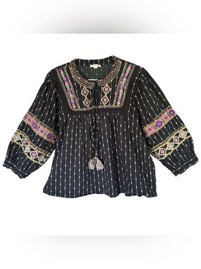 Ultra Pink Black Top with Pink and Cream Embroidery